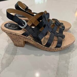 Born Concept b.o.c Slingback Strappy Cork Wedge Sandals Womens 10M Black Leather
